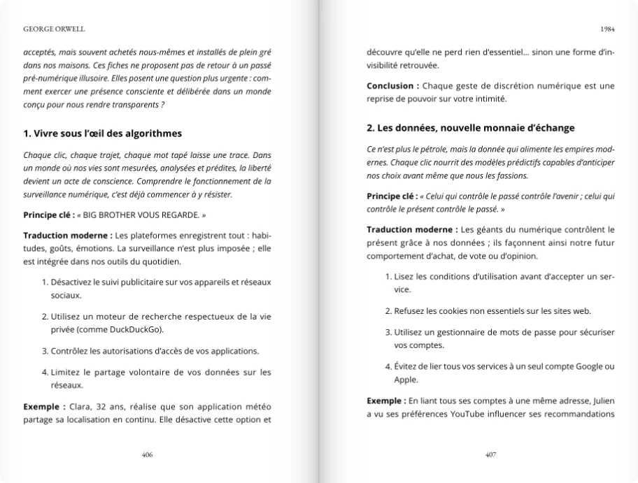 Double page d'un livre enrichi : deux fiches pratiques tirées de 1984, avec principe clé, traduction moderne, actions numérotées et exemple.